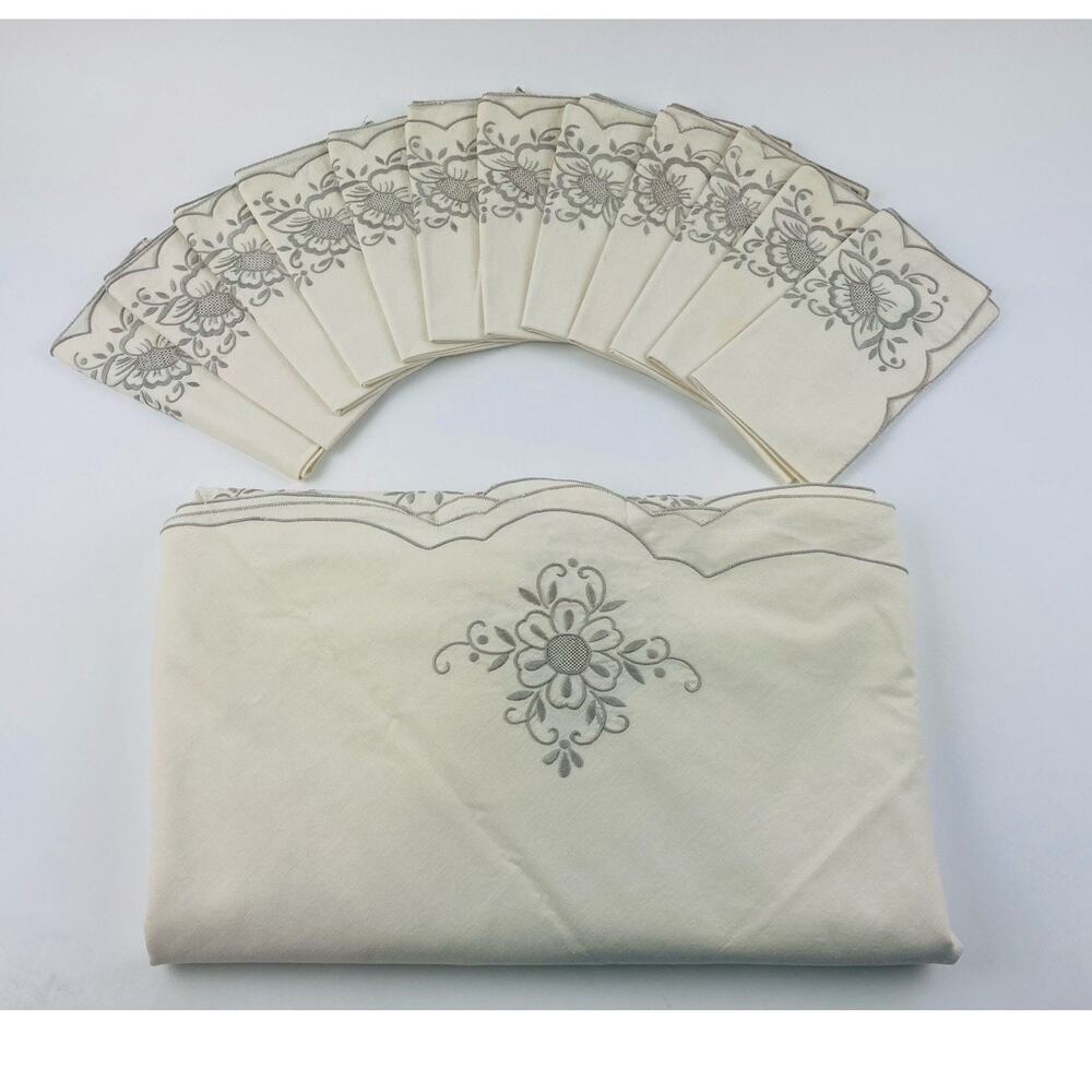 Vintage Large Tablecloth and 12 Napkins Embroidered Cream Grey Floral Bell Gray